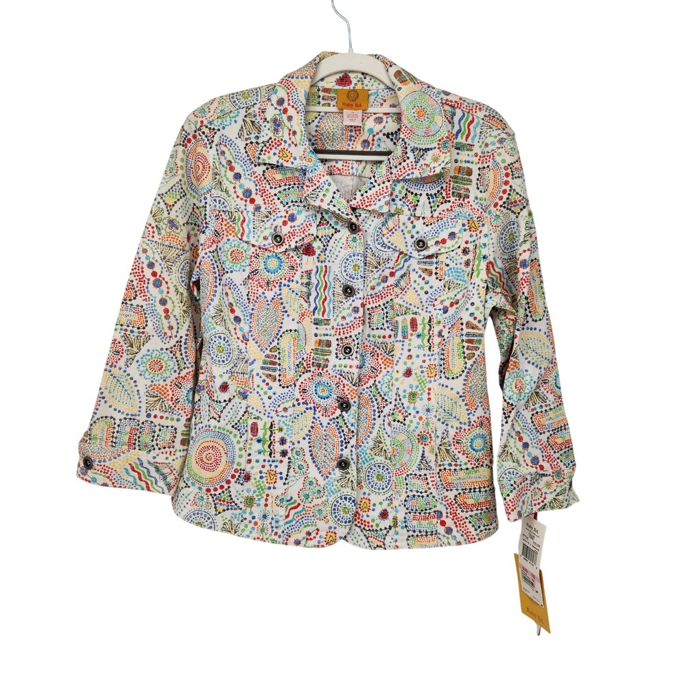 NWT Ruby Rd Women's Denim Jacket Size 10 White Multi Color Mosaic Art to Wear